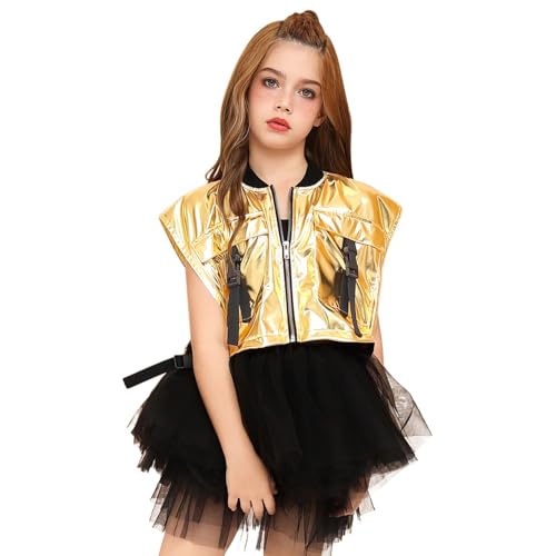 Image of Perfashion Girls Vest Cropped Cargo Metallic Jacket Buckle Zip Up With Pockets Streetwear Outfit 4-13Y