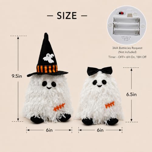 Light Up Halloween Ghosts, 2 Pack Cute Indoor Halloween Decorations | Battery Operated LED Ghost Figurines, Warm Glow, Witch Hat & Bow Details, Spooky Cute Tabletop, Mantel & Shelf Decor - image 3