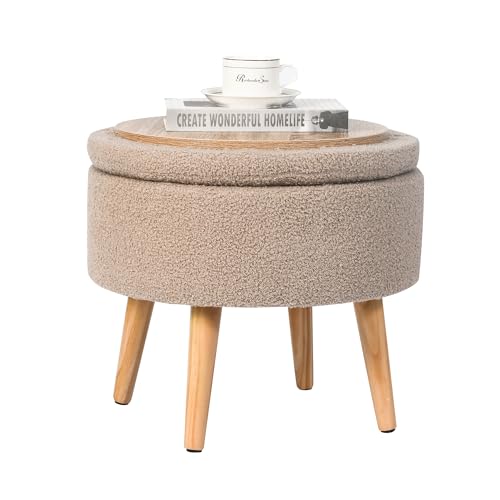 Adeco Small Round Ottoman with Storage, Green Coffee Table with Removable Tray Lid, Teddy Velvet Fabric Upholstered Ottomans Foot Rest and Wooden Legs, Short Chair Footstool for Living Room Oatmeal