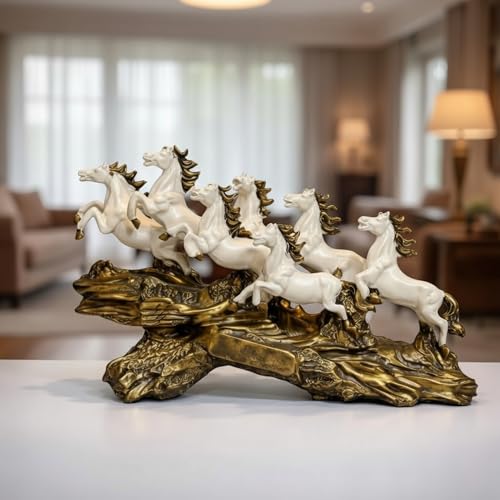 Image of eCraftIndia White Resin 7 Running Horses Showpiece | Horse Statue for Home Decor Office | Decorative Horse Sculpture with Golden Wave Base | Feng Shui Items for Good Luck