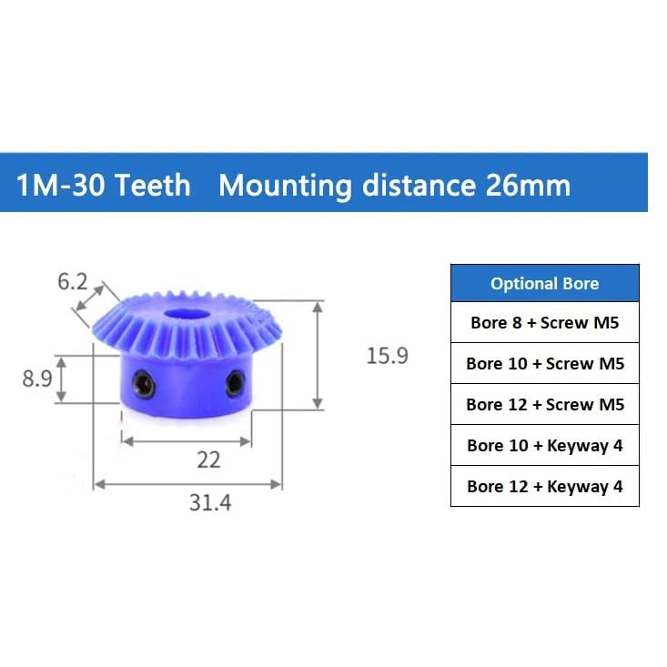 Cylindrical Drive 1pc 1M 30T Conical Pinion 1:1 Ratio Nylon 1 Module 30 Teeth Conical Bevel Gear 90 Degree Meshing Gear Miter Transmission Gear Rack Machinery(8MM BORE)