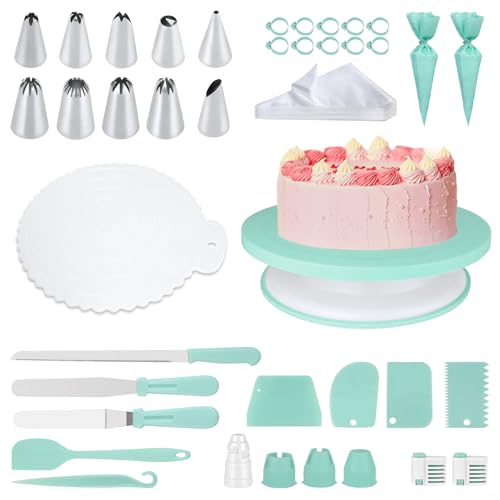 Kit d'accessoires de cuisson pour gâteaux, 139 - Kit de pâtisserie professionnel avec plaque tournante de 11 pouces, 100 poches à douille jetables, coupe-gâteau, poche à douille en acier inoxydable et
