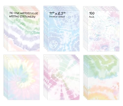 Better Office Products Stationery Paper, 100 Sheets, Tie-Dye Watercolor Writing Stationery, Letter Size 8.5 x 11 inch, 6 Unique Double Sided Designs, 100 Pack