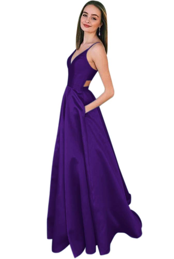 Andybridal 2019 Vintage A Line V Neck Open Back Satin Long Prom Dress with Sleeves