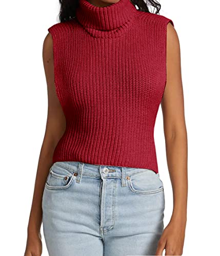 Image of Womens Sleeveless Sweater Vest Turtleneck Ribbed Knit Tank Tops Basic Slim Fit Top
