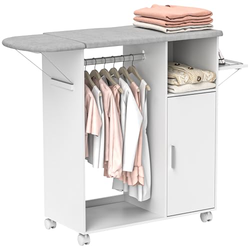 HOMCOM Armoire à Repasser en Bois Table à Repasser Pliante avec roulettes Barre de Suspension pour vêtements Étagère Ouverte pour Salon Chambre 107x42,5x99 cm Blanc