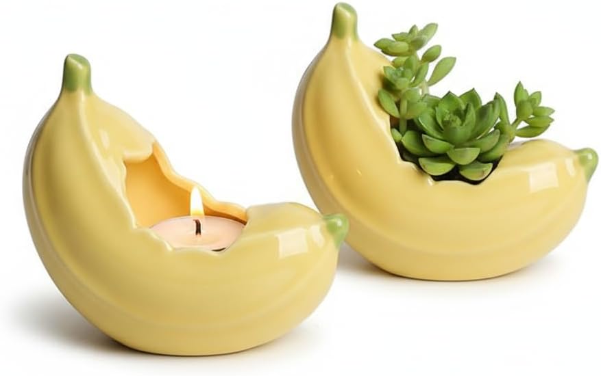 Banana Shaped Ceramic Candle Holder & Mini Succulent Planter, Unique Fruit Themed Desktop Decor for Home Office, Warm Yellow (2Pcs)