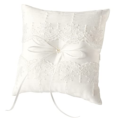 ATAILOVE Wedding Ring Pillow, Lace Pearl Ivory Ring Bearer Pillow,Ring Bearer Cushion for Wedding Party