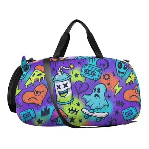 Street Graffiti Vector Patterns Boy's Gym Duffel Bag with Shoes Compartment Large Capacity Carry on Luggage for Travel, Sports, Duffel, Weekender2