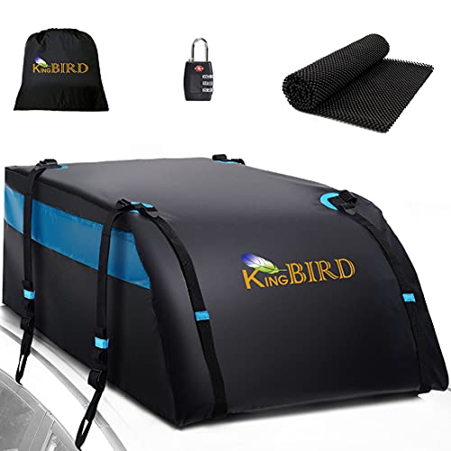 King Bird Aerodynamic Rooftop Cargo Carrier Bag, 20 Cubic Feet Car Waterproof Roof Bag For All Vehicles With/Without Rack, Includes Anti-Slip Mat, 8 Reinforced Straps, 4 Door Hooks, Luggage Lock #TOP1