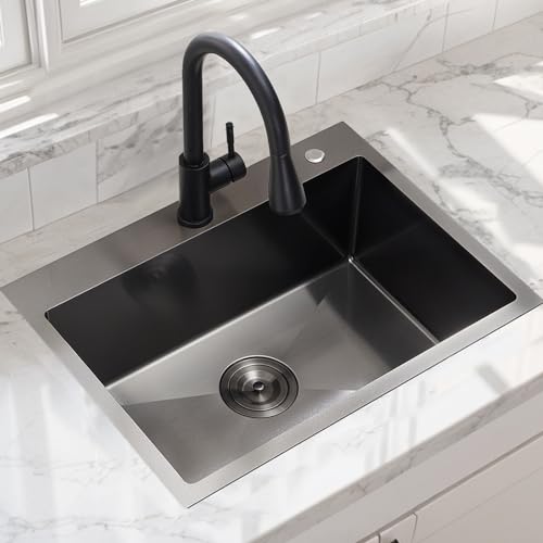 HOTIS 24 X 18 Inch Black Drop In Kitchen Sink, Black Stainless Steel Kitchen Sink, Large Residential Sink with 2 Holes, Single Bowl Topmount Workstation Sink with Dish Grid & Drain by HOTIS HOME - Used condition - Image 5