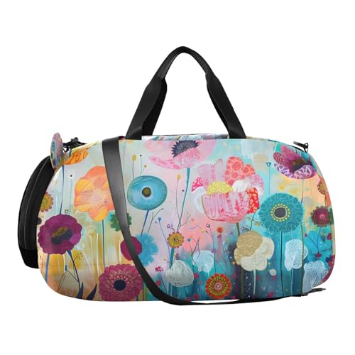 Duffle Bag for Boys or Girls with Shoes Compartment, Colorful Flowers Textures Sports Travel Bag Overnight2