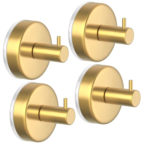 Image of HUFEEOH Shower Suction Hooks for Inside Showers, Gold L-Shape, 4-Pack | Towel Holders for Bathroom Walls, with Separate Hanging Spots on Smooth Glass, Tile, Mirror, Or Marble for Robes And Loofahs