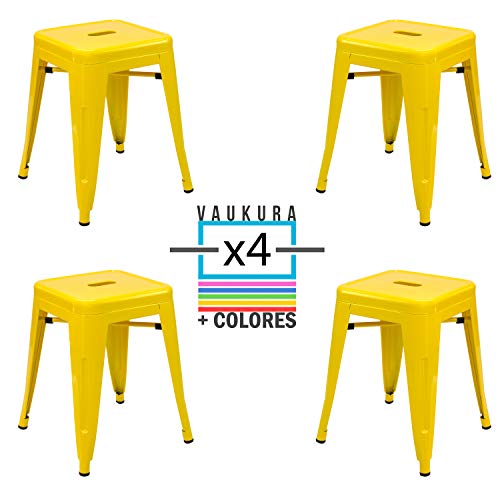 Vaukura Taburete Bajo Tolix (Pack 4) - Taburete Industrial Metálico Brillo (Amarillo)