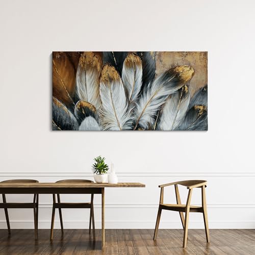 Image of Feather Canvas Wall Art Modern Living Room Bedroom Wall Decoration Large Giclee Print Canvas Painting Artwork for Home Decor One Piece White Gold Brown Feather Picture Ready to Hang 58x29 Size