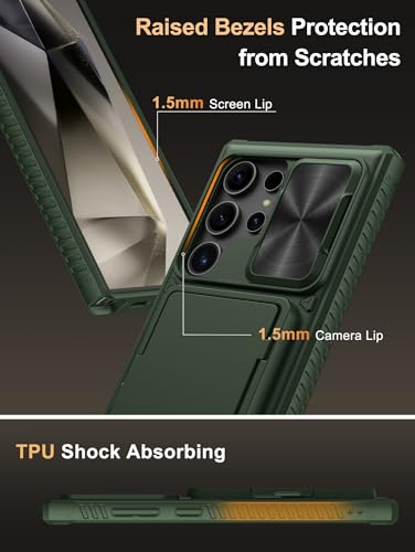 Image of Vihibii PC For Samsung Galaxy S24 Ultra Back Cover With Card Holder (4 Cards) & Slide Camera & Kickstand, Shockproof Case For Samsung S24 Ultra, Green