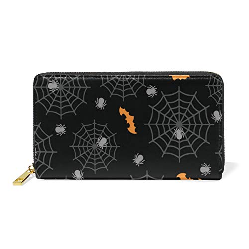 Preisvergleich Produktbild GIGIJY Geldbörse für Halloween, Spinnennetz und Fledermäuse, mehrere Kreditkartenfächer, Tasche für Frauen, echtes Leder, mit Reißverschluss
