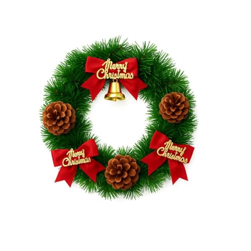 Guirlanda De Natal Verde com Laços Vermelhos Pinhas e Sino 25cm Decoração para Porta