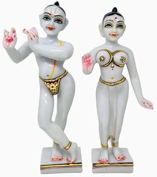 GLOOKS Iskcon Radha Krishna Marble Dust Statue Set of 2 White Gold 11.5 Inch Hindu Deities Iskcon Style