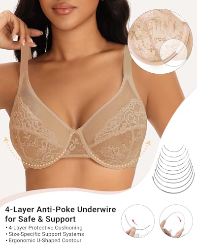 As Fairy Womens Minimizer Unlined Lace Bra 1mm Ultra Thin Sheer Breathable Full Coverage Underwire Plus Size Bras(Warm Beige 36D) — view 3