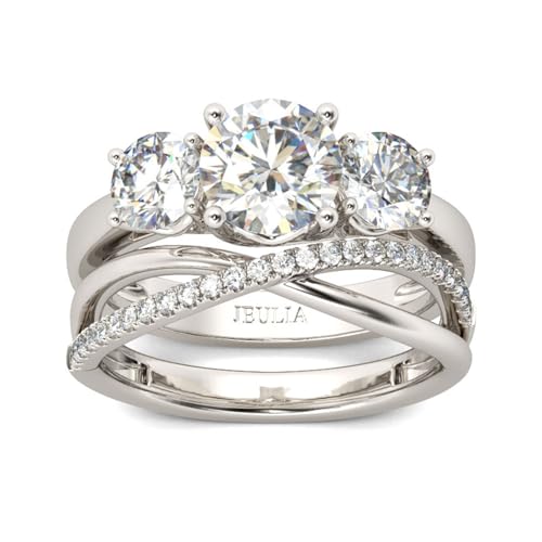 Jeulia 3-Stone Wedding Engagement Ring Set for Women, Sterling Silver Round Cut 2pcs Crossover Bridal Set CZ Promise Band Ring Anniversary Romantic Jewelry Gift with Box
