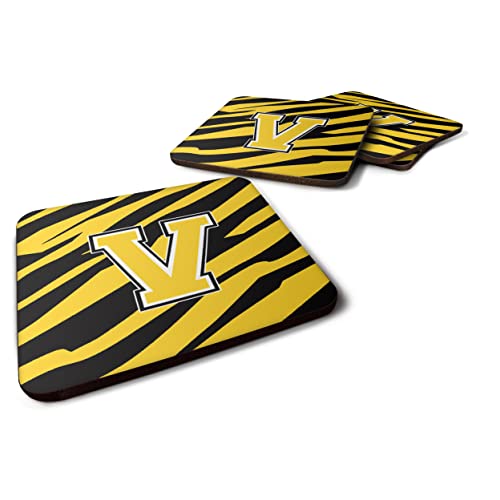Caroline's Treasures CJ1026-VFC Monogram-Tiger Stripe-Black Gold Foam Coasters (Set of 4), Initial Letter V, 3.5" H x 3.5" W, Multicolor