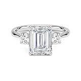 GRA Certified Moissanite Emerald Cut 9x7mm Three Stone Ring | Sterling Silver 925 With Rhodium Plated | Beautiful Moissanite Three Stone Engagement Ring (L)