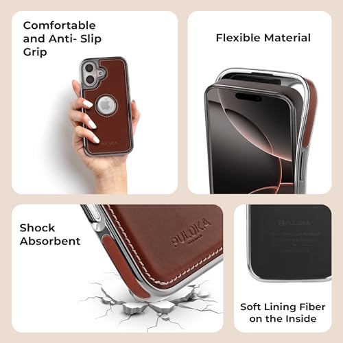 Image of PULOKA Chrome Leather Back Case - Compatible with iPhone 17 - Premium Bumper Case - Flexible Vegan Leather - Electroplated Sides & Logocut - Full Camera Protection & Raised Edges - (Brown)