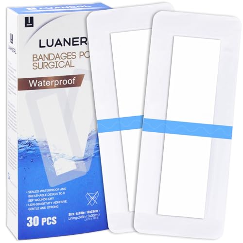 30 Pack 4x10 Waterproof Adhesive Island Dressing for Post-Surgery Recovery | Sterile Bordered Gauze Bandages with Non-Stick Pad for Knee/Hip Replacement Surgical Incision Care & Shower Protection