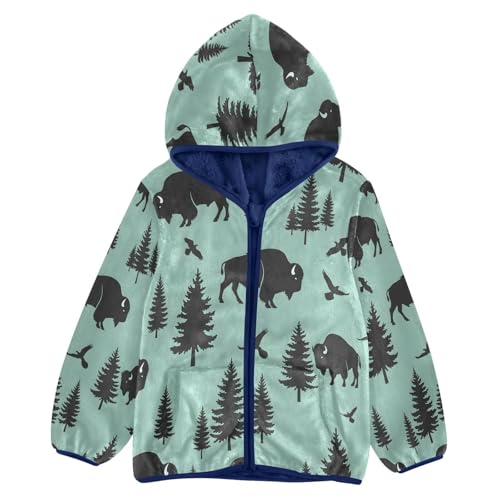 Buffalo Trees Birds Pattern Toddler Fleece Jacket Girl Boys Hooded Fleece Jacket Coat Warm Outwear Zip-up 3-10T