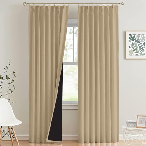 Image of 100% Blackout Double Pinch Pleat Curtains, Linen, Thermal Insulated, 2 Panels, Solid, (Beige)