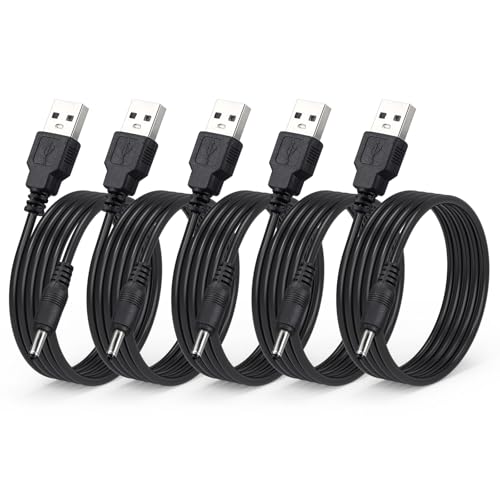 Smays 5-Pack DC 5V Power Cord USB to DC 3.5mm x 1.35mm Round Barrel Plug Charging Cable 5 ft Black