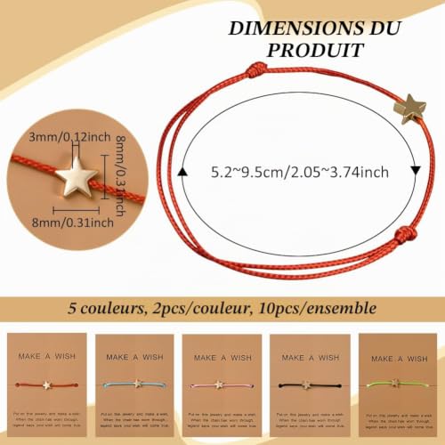 GOMAKERER 10pcs Bracelet de Carte de Vœux Bicolore Bracelets D'Amitié Tissés en Étoile pour Couple Bracelet Empilable avec Carte MAKE A WISH pour Femme – vue 2