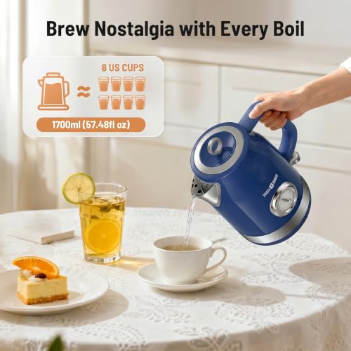 Image of PARIS RHONE Retro Stainless Steel Electric Kettle, 1.7L Cordless Hot Water Tea Kettle with Thermometer, 1500W Fast Heating, LED Indicator, Auto Shut-Off & Boil Dry Protection