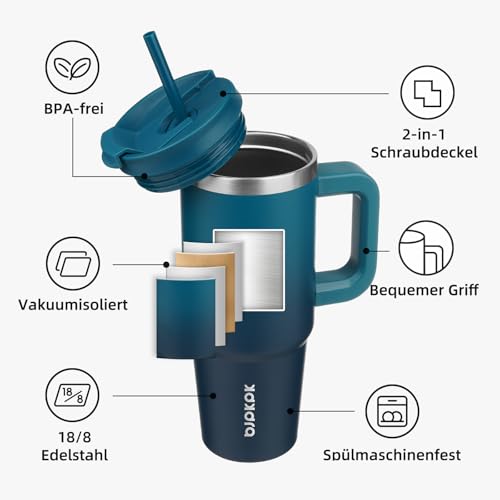 BJPKPK 1200 ml Isolierter Edelstahl-Becher mit Griff, Deckel und Strohhalm – Wiederverwendbarer Thermobecher für Reise, Kaffee und Tee, Indigo Schwarz 5