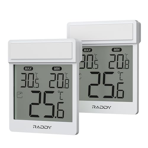 Raddy WT-1 Outdoor Window Thermometer IP44 Waterproof Indoor Outdoor Temperature Gauge with Clear LCD Display Max/Min Record Easy Stick-on Mount Battery Powered for Home Greenhouse (White)