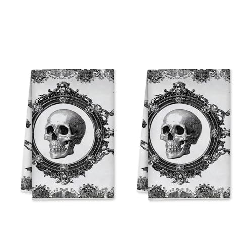 Lot de 2 torchons de cuisine réutilisables à motif tête de mort baroque gothique avec bordure ornée, noir, blanc, noir, 40,6 x 61 cm