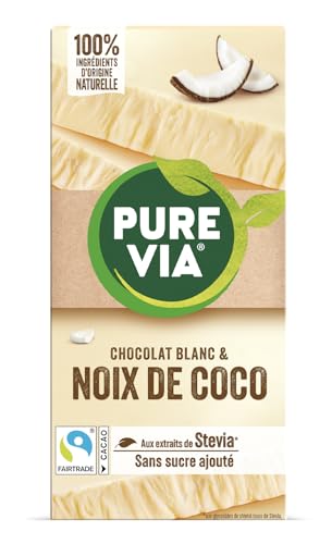 Pure Via Tablette Chocolat Blanc & Coco à la Stevia, Sans sucre ajouté, Équitable 100g