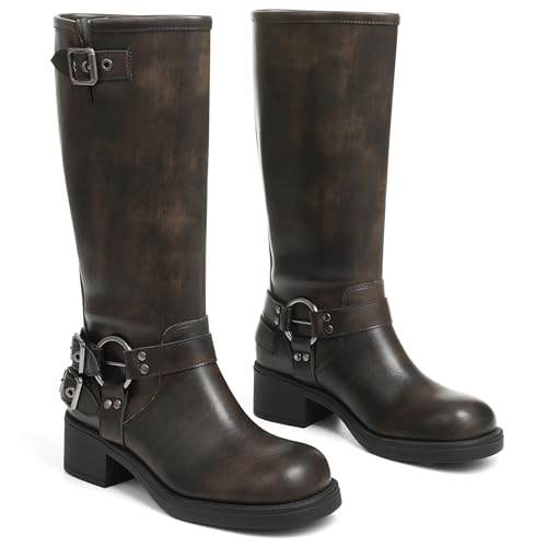 Image of AMINUGAL Knee High Boots Women Square Toe Pull On Wide Calf Riding Fashion Buckles Chunky Metallic Casual Vintage Buckle Rivet