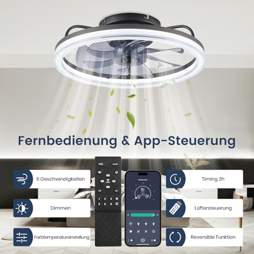 Nalezuns Deckenleuchte mit Ventilator, Deckenventilator mit Beleuchtung, 6 Geschwindigkeiten, Reversibelmit, Speicherfunktion, Schlafmodus, 2-Std-Timer mit Fernbedienung, Schwarz,48cm