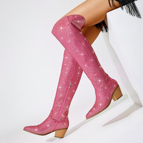 Image of Women Rhinestone Over the Knee Cowboy Boots, Sparkly Bling Cowgirl Boots Western Thigh High Boots Pull-On Side Zippers Chunky Heel Pointed Toe For Concerts, Music Festivals, Parties & Night Out