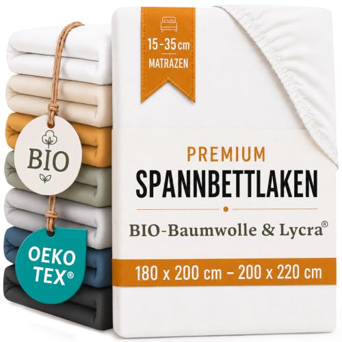 NJORDE Spannbettlaken 180x200cm-200x220cm Weiß - 40cm Steg - Bio Baumwolle | Für Boxspringbetten - Matratzen bis 35cm Höhe mit Smart Label zur Orientierung.