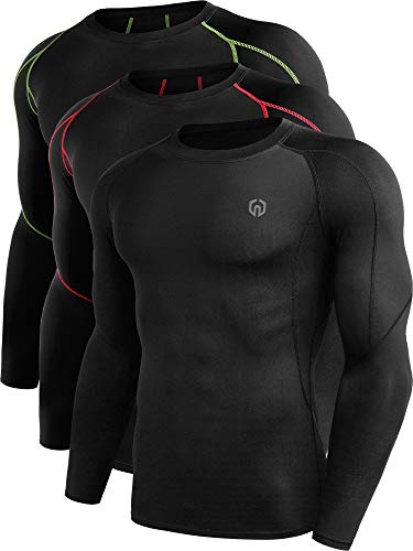 Neleus Men's 3 Pack Compression Workout Long Sleeve Shirts,5030,Black,Red Stripe,Green Stripe,US 2XL,EU 3XL