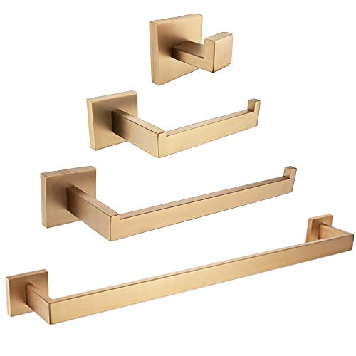 WINCASE 4 Pieces Bathroom Accessories Sets: Robe Hook Toilet Paper Holder Towel Ring Towel Bar, Brushed Gold Stainless Steel Wall Mounted