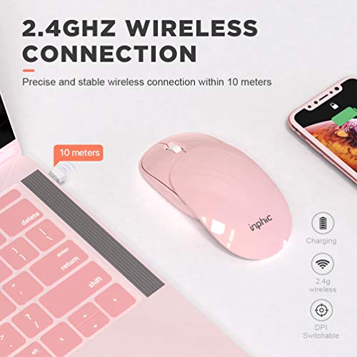 Inphic Mouse wireless ricaricabile,mouse scorrevole unico,mouse cordless sottile carino, pulsante mute Mini mouse da viaggio 2.4G con ricevitore USB per PC laptop Mac MacBook,notebook desktop (Rosa)