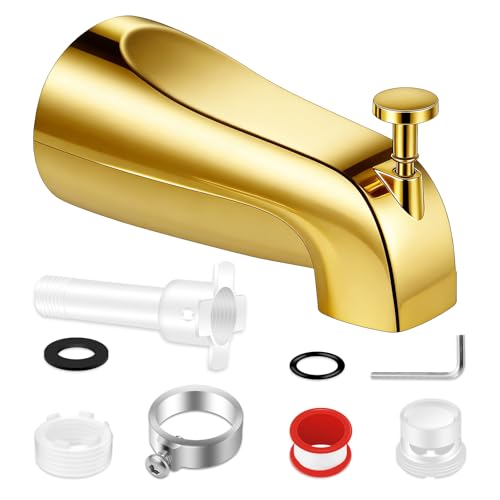Universal Tub Spout with Diverter Fits 1/2 Slip on Copper Pipe and 1/2 IPS & 3/4 IPS Threaded Bathroom Tub Faucet Replacement Bathtub Spout with Adapter and Hex Wrench (Polished Gold)