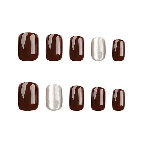 Miniatura 3 de Uñas postizas a presión de ojo de gato, uñas postizas cortas cuadradas de acrílico marrón con diseño de ojo de gato, pegamento en gel artificial