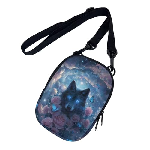 Suobstales Wolf Rose Butterfly Print Messenger Bag for Women Zipper Purse Crossbody Bags with Adjustable Strap Small Shoulder Bag Casual Sling Pack Portable Mobile Phone Coin Pouch