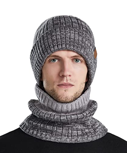 Totoose Winter Knit Beanie Hat Scarf: Warm Cable Fleece Lined Skull Cap Neck Warmer Scarf Set Unisex - Men Women Thick Ribbed Cuffed Lining Hats Soft Chunky Grey Beanies #TOP6