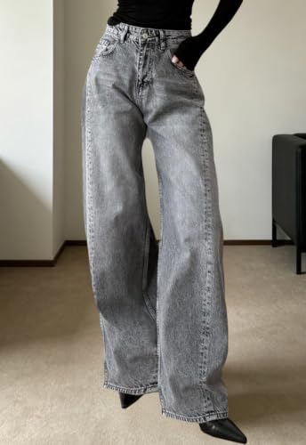 Image of Women's Straight Leg Jeans High Waisted Wide Leg Stretchy Baggy Denim Pants